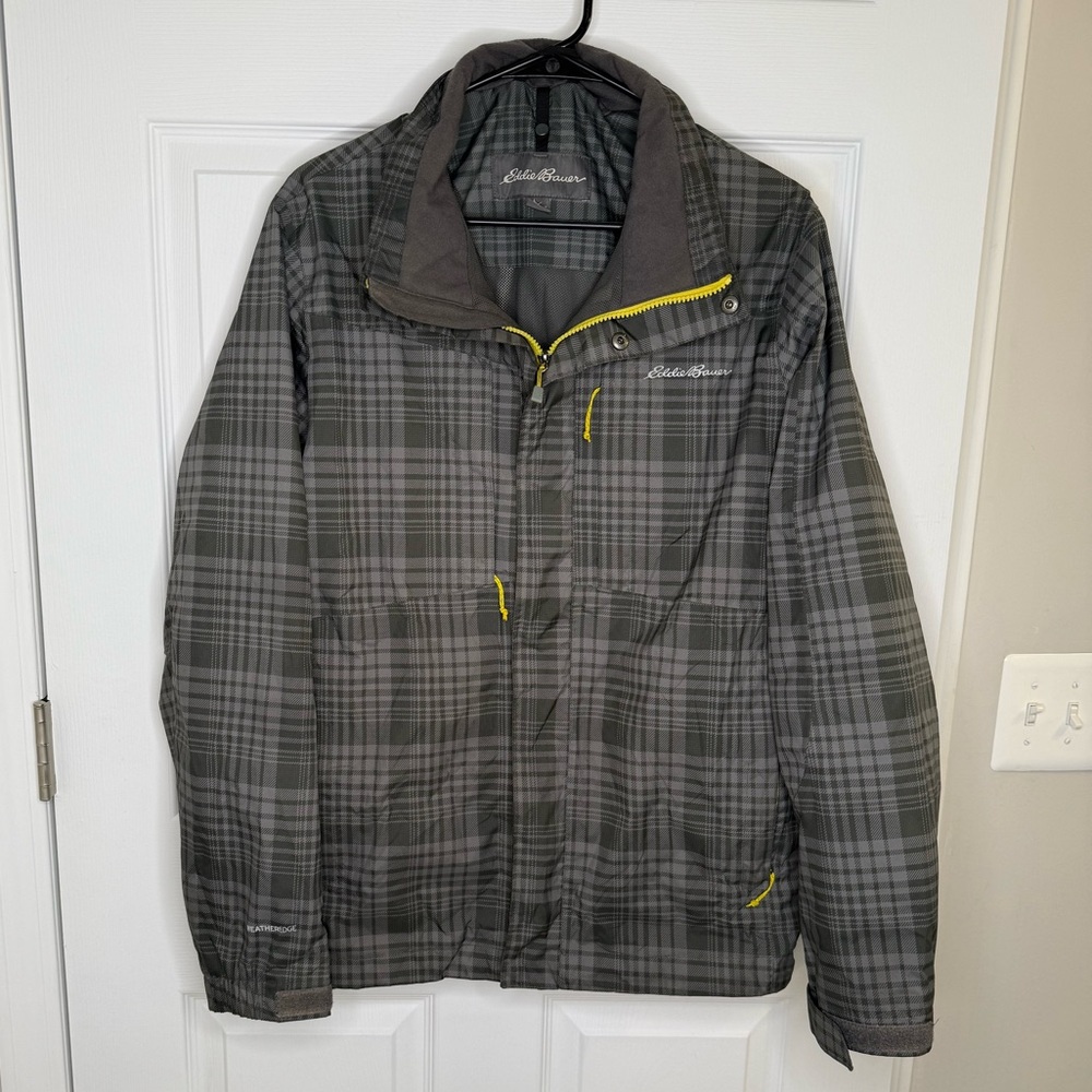 Eddie Bauer WeatherEdge gray plaid Mens small Full Zip Shell Jacket rain coat